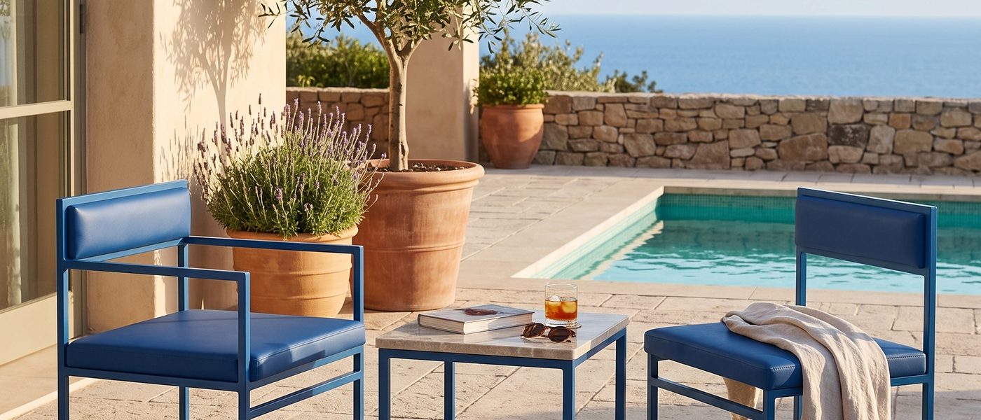 Terraza junto a la piscina con butacas de exterior ROCO