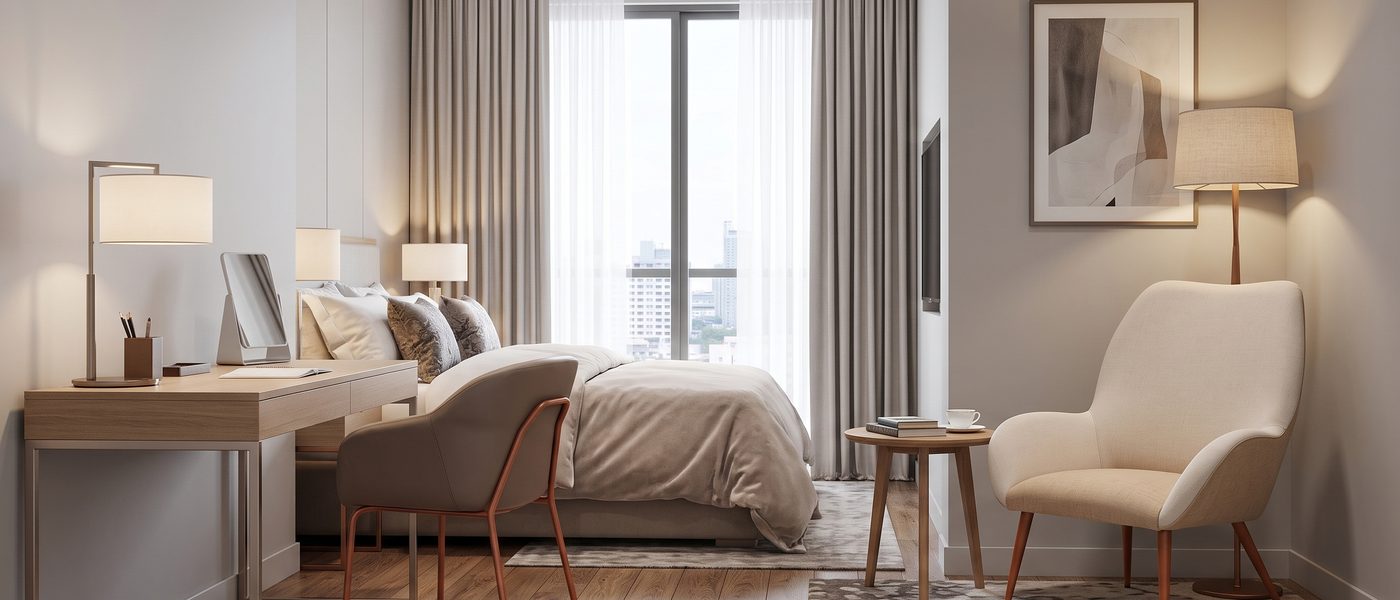 Habitación de hotel con butaca y escritorio ROCO