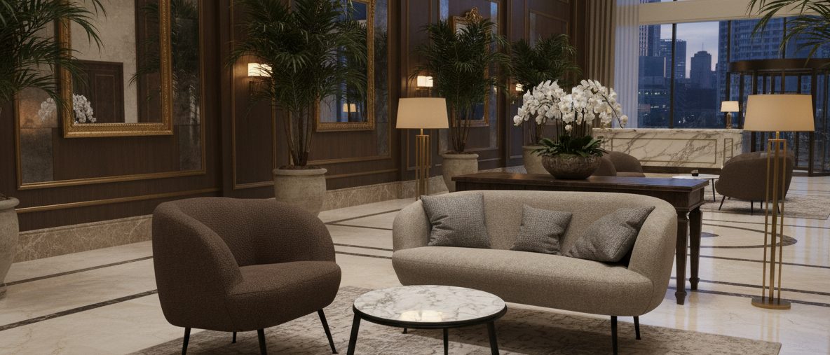 Lobby de hotel con sofá y butaca ROCO